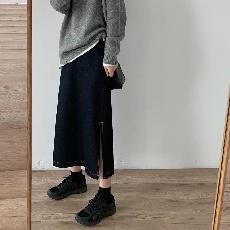 

Autumn And Winter Collocation Sweater Knock Good Wear Denim Skirt Korean-style Slit-Slimming Loose Straight Cowboy Skirt