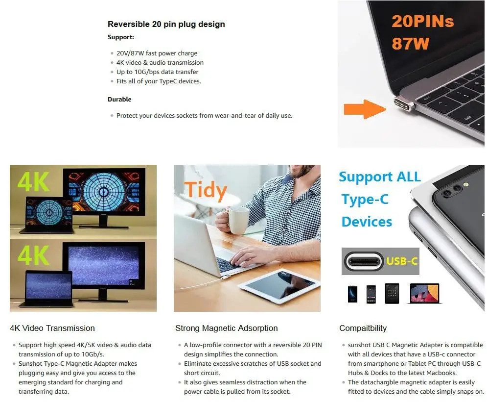 GloryStar USB C Магнитный переходник для зарядки type C Быстрый зарядный разъем совместимый с MacBook, MacBook Pro