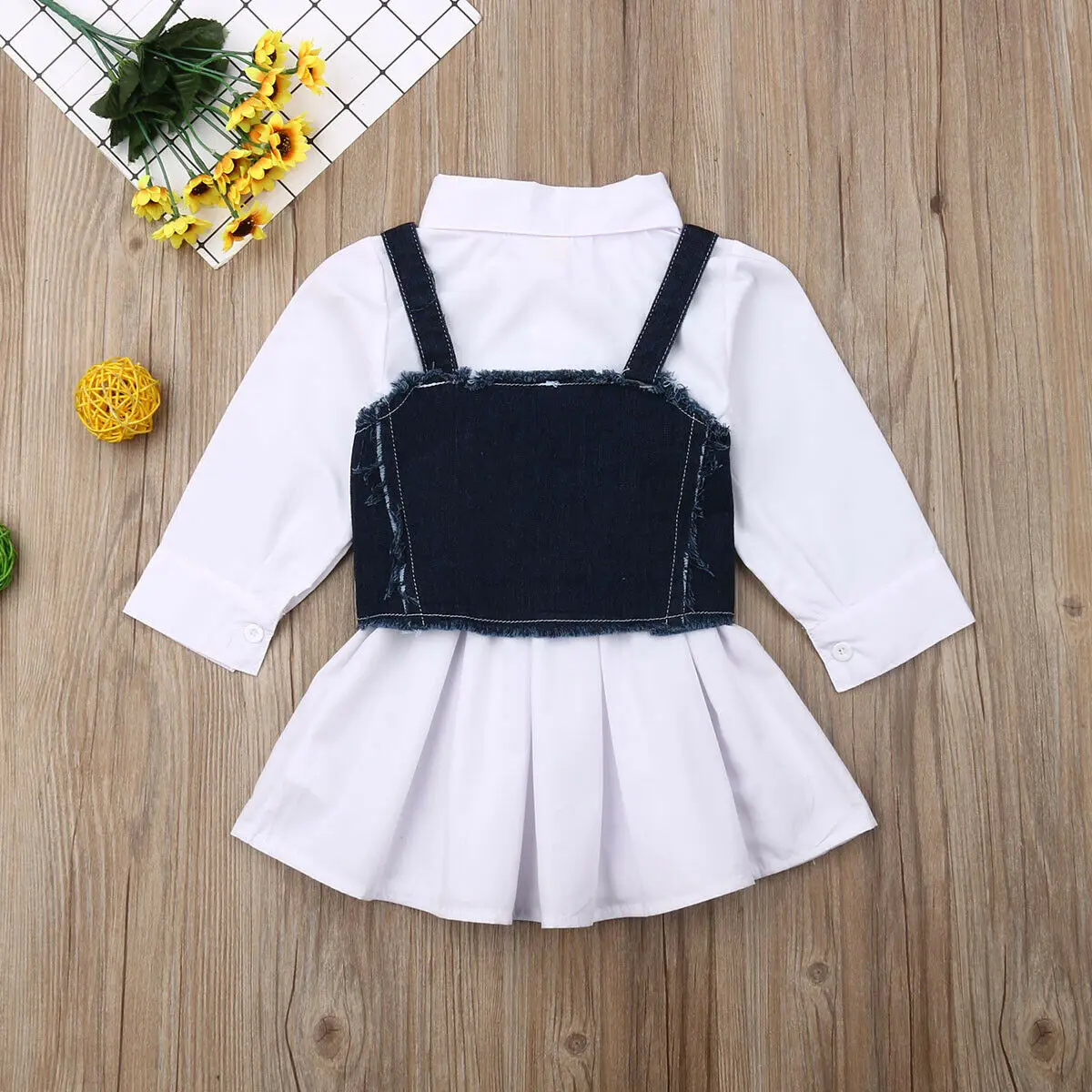 1-6Y Fashion Toddler Kids Baby Girl Dress+Vest Long Sleeve Sling White A-Line Dress Denim Vest Summer Clothes Set