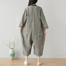 Лето, штаны длиной до середины икры с круглым вырезом, широкие штаны, комбинезон для женщин, японский стиль, хлопок, лен, карманы, винтажные Свободные Комбинезоны для женщин