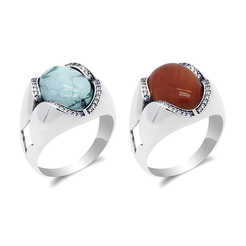 Real Pure 925 Sterling Silver Men Ring with Turquoise/Red Agate Simple Thai Gemstone Male Women Gift Turkish Jewelry | Украшения и