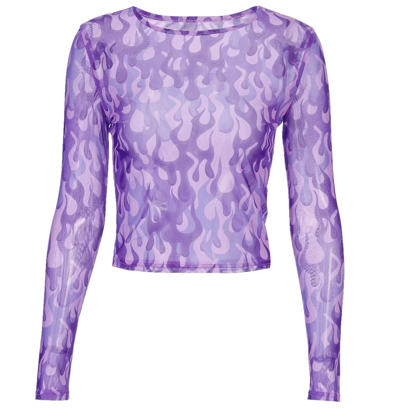 Chicology сетка сеткой неоновое огонь принтом принт футболка женское длинным рукавом Лонгслив кроп Топ Tshirt на осень-зиму уличная одежда футболка женская одежда - Цвет: Фиолетовый