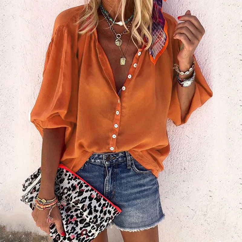 Elsvios 5XL сексуальная шифоновая блузка с v-образным вырезом и пуговицами Женская Осенняя блузка с длинными рукавами рубашка винтажная женская верхняя блуза с принтом цепи Mujer - Цвет: 01 Orange