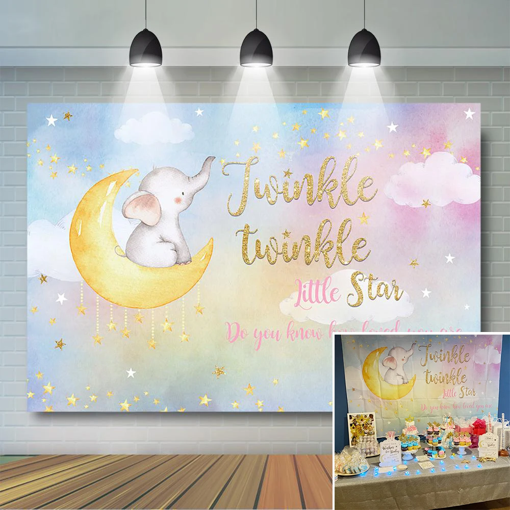 Mocsicka Twinkle Little Star Fondale Baby Elephant On Moon Background Twinkle Star Elephant Baby Shower Birthday Party Decor