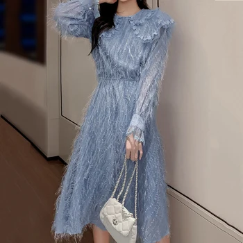 

Kawaii Dress Women Lace Tassel Sweet Doll Collar Dress Mid-Calf Harajuku Mori Girl Lolita Trumpet Sleeve Winter Elegant Dresses