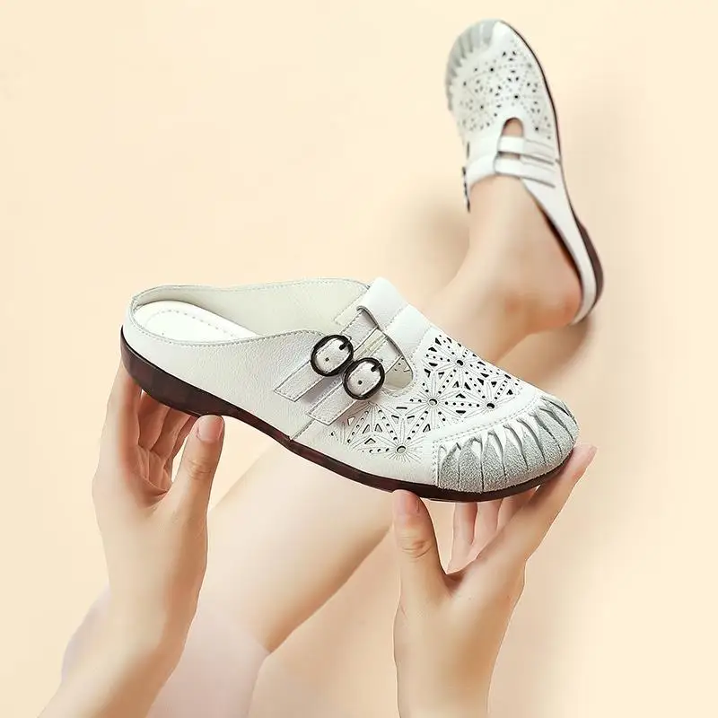 Female Genuine Leather Shoes Women Breathable Shallow Flats 2021 Summer Runway Fashion Leather Flats Big Size 41 42