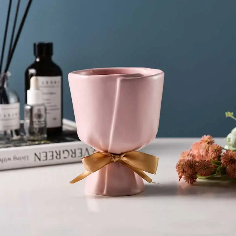 Керамические вазы ручной работы в форме бонуке, Розовая белая керамическая ваза для цветов, украшение для дома, свадьбы, уникальные подарки на новоселье - Color: Pink