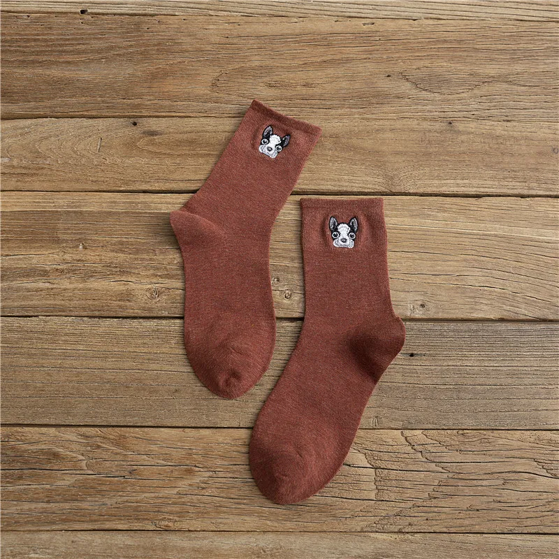 SP& CITY/модные женские носки в стиле хараджуку с вышитой собачкой из мультфильма; зимние однотонные повседневные носки до лодыжки; удобные носки в студенческом стиле - Цвет: Rust red