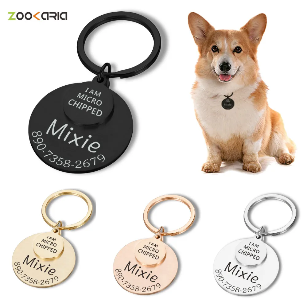 Personalized Dog Cat ID Tag I Am Microchipped Name Number Stainless Steel Pet Id Collar Laser Engraving | Дом и сад