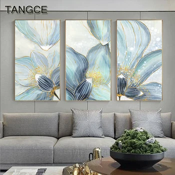 

Abstract Golden Blossom Flower Canvas Painting Lotus Wall Picture for Living Room Plant Wall Art Nordic Blue White Flower Poster