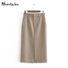 Huaxiafan Повседневное прямые юбки Для женщин модные Разделение клетчатая юбка с принтом Для женщин элегантные карманы до середины икры юбки женские