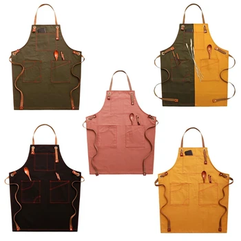 

Chef Apron Cotton Canvas Cross Back Adjustable Apron with Pockets for Women and Men, Kitchen Cooking Baking Bib Apron, A