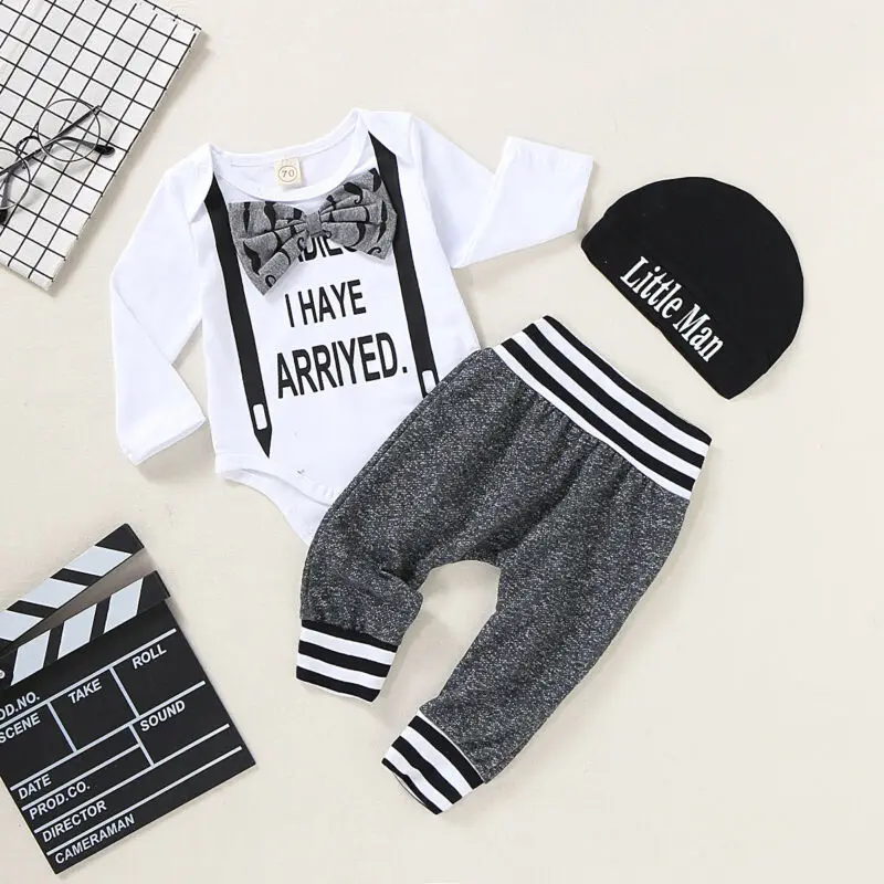 

Newborn Kids Baby Boy Letter Long Sleeve Romper Tops Pants Hat Outfits Set Spring Autumn Clothing