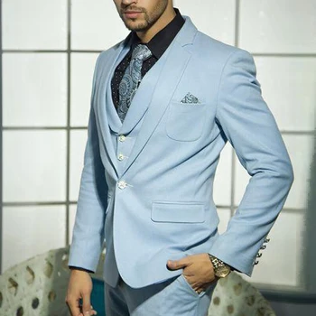 

Slim Fit Casual Men Suits Light Sky Blue Wedding Groom Tuxedo Notched Lapel Prom 3 Piece Male Fashion Jacket with Pants Vest