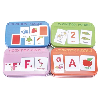 

Toddler Iron Box Cards Baby Kids Cognition Puzzle Toys Matching Game Cognitive Pair Puzzle Card Tree/Fruit/Animal/Letter Set