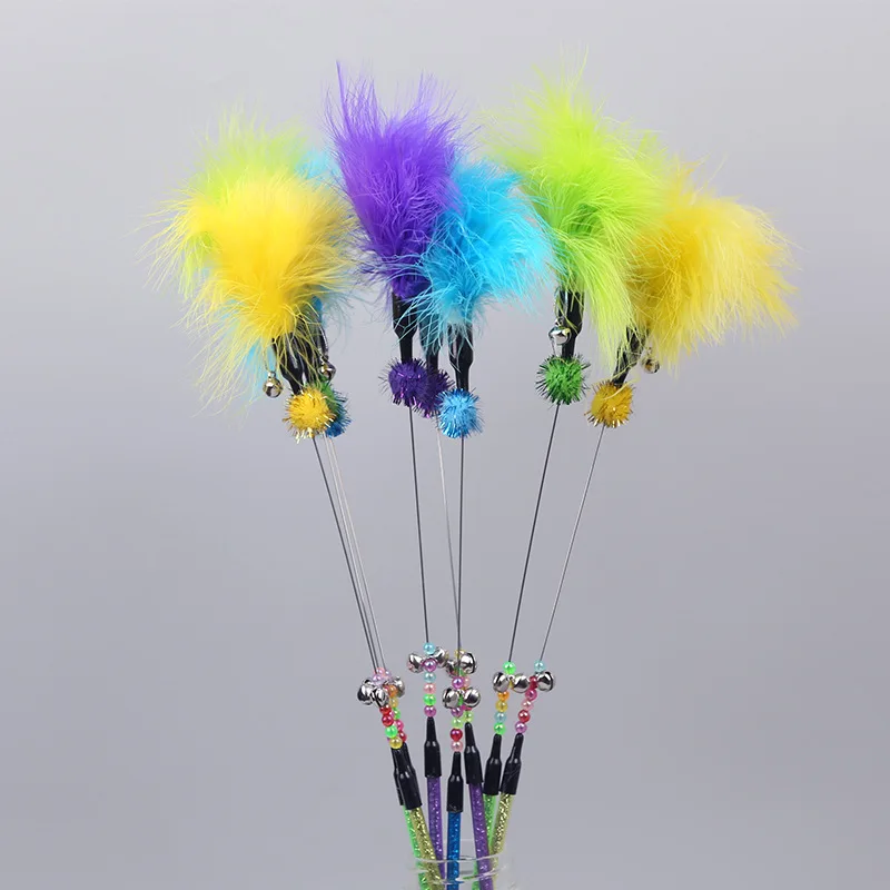 

1Pcs Cat Toys Make A Cat Stick Feather With Small Bell Natural Like Birds Random Color Black Coloured Pole