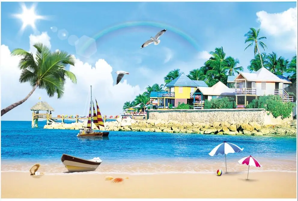 

wall paper 3 d custom mural Aegean beach coconut tree sailing villa scenery home decor photo wallpaper in the living room