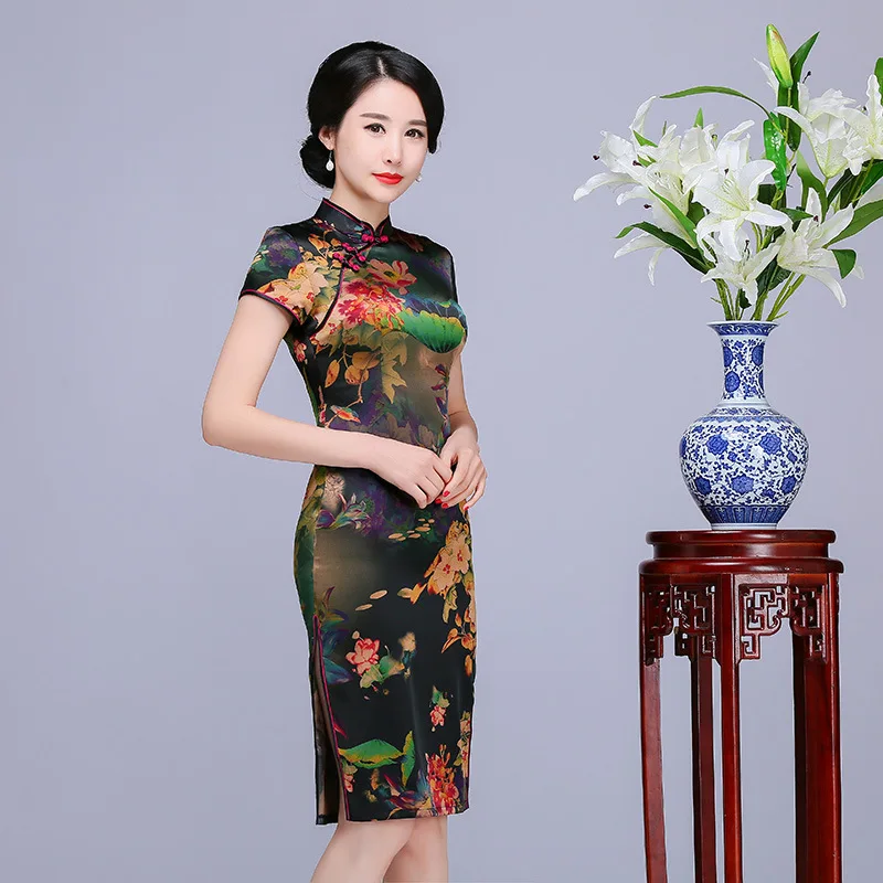 Короткий цветочный принт натуральный шелк Qipao сексуальный негабаритный 3XL тонкий леди с новогодней елкой, бумажный вечерние выпускное платье vestidos