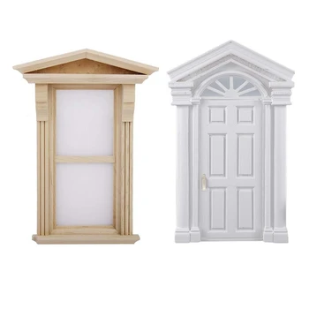 

2Pcs Miniature Wooden Window DIY Accessory for 1/12 Dollhouse & White Wooden Door 6 Panel With Frame White
