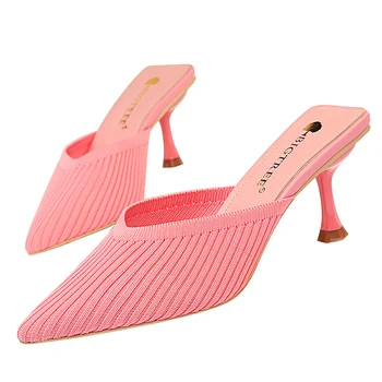 

2020 New Style Summer Mesh Slides Women 6cm Low High Heels Hollow Mules Casual Yellow Kitten Heels Slippers Sexy Mule Pink Shoes