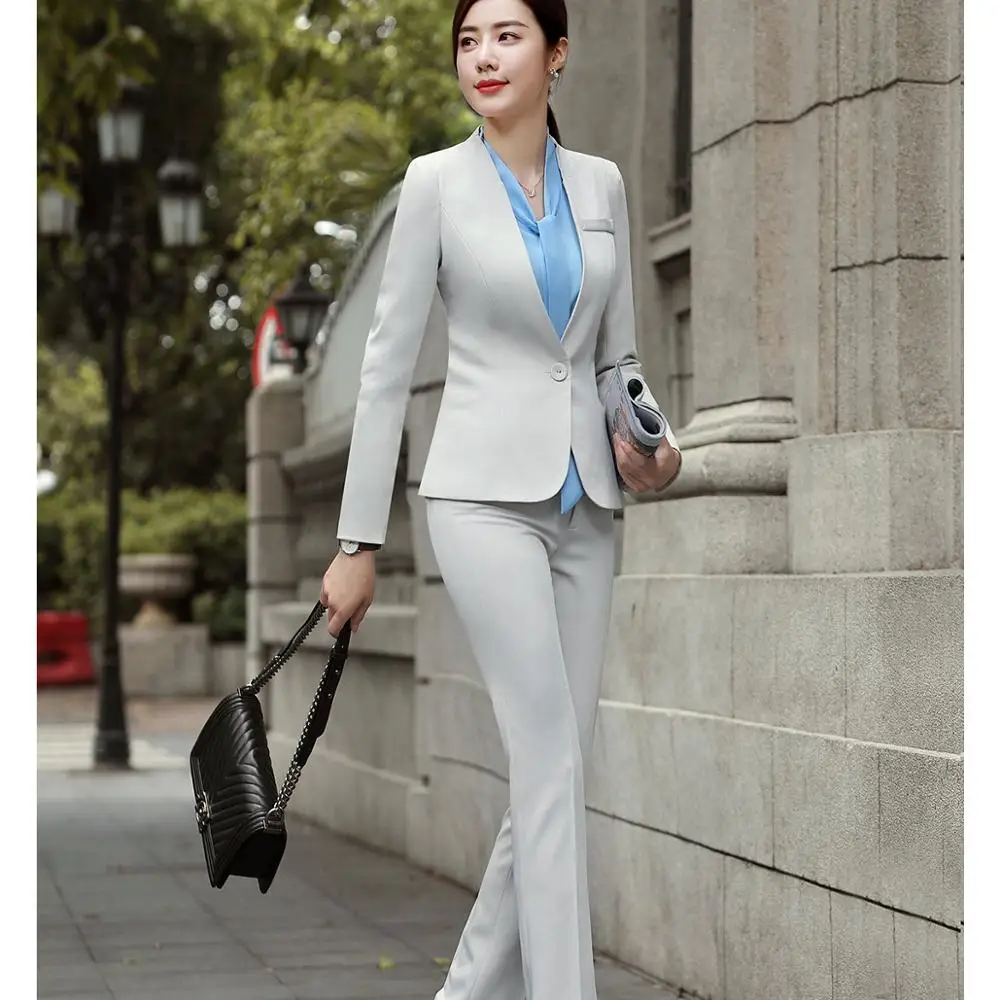 

Women Beige Black Pant Suits Slim V-neck Blazer Set Suits Uniform Designs Jackets and Full-Length Pant 2 Pieces Set