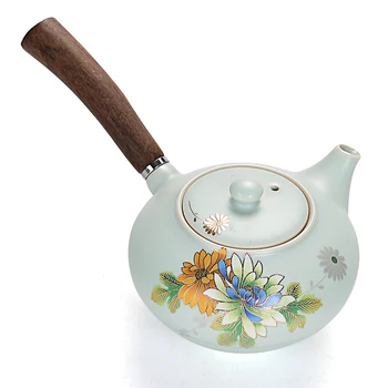 

Japanese style flower side kungfu tea ceremony set wood handle teapot ceramic large tea maker single pot teaware