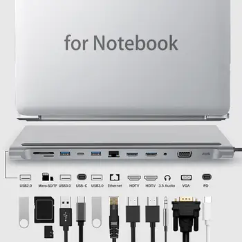 

12 in 1 Type-c to Dual HDMI/VGA/USB 3.0 Hub/PD/RJ/Micro-SD/TF Card Dock Adapter