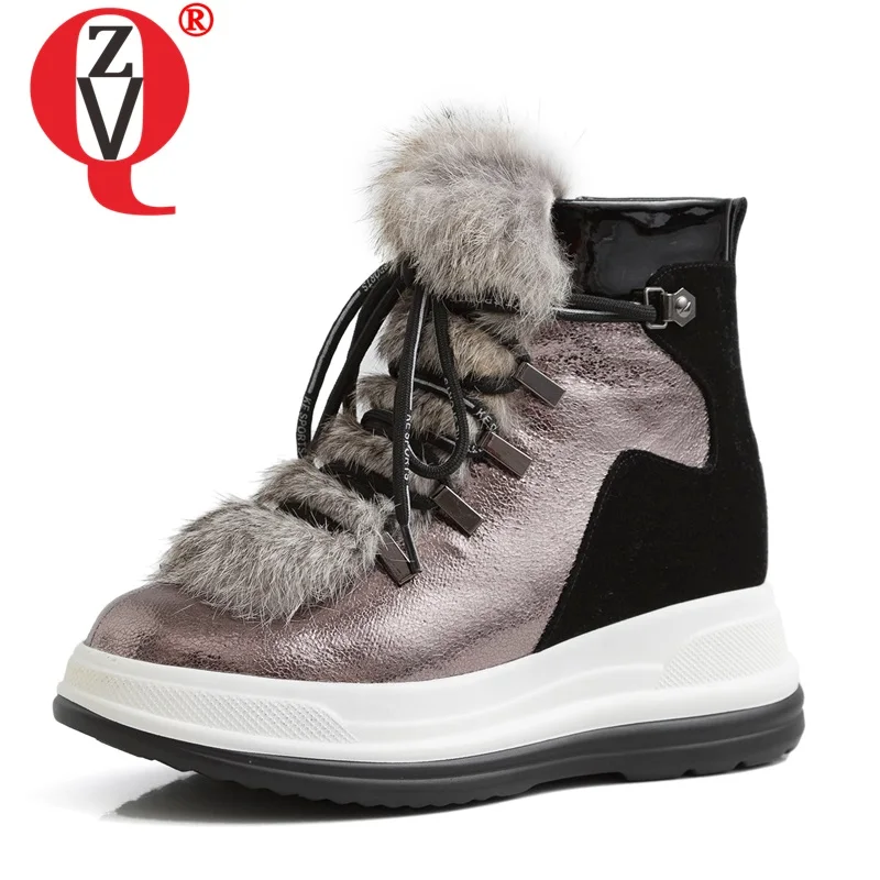 

ZVQ cool runk snow boots silver black winter leather wool 5.5cm mid heels women's shoes lace-up zipper round toe ankle boots