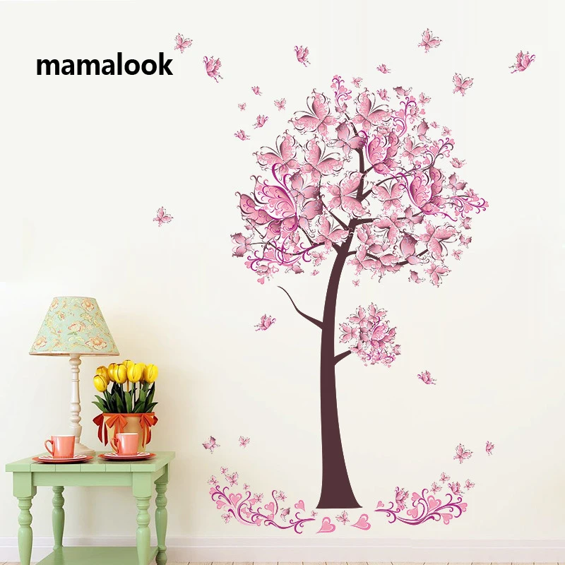 Настенные виниловые наклейки с розовыми бабочками цветами и деревьями |