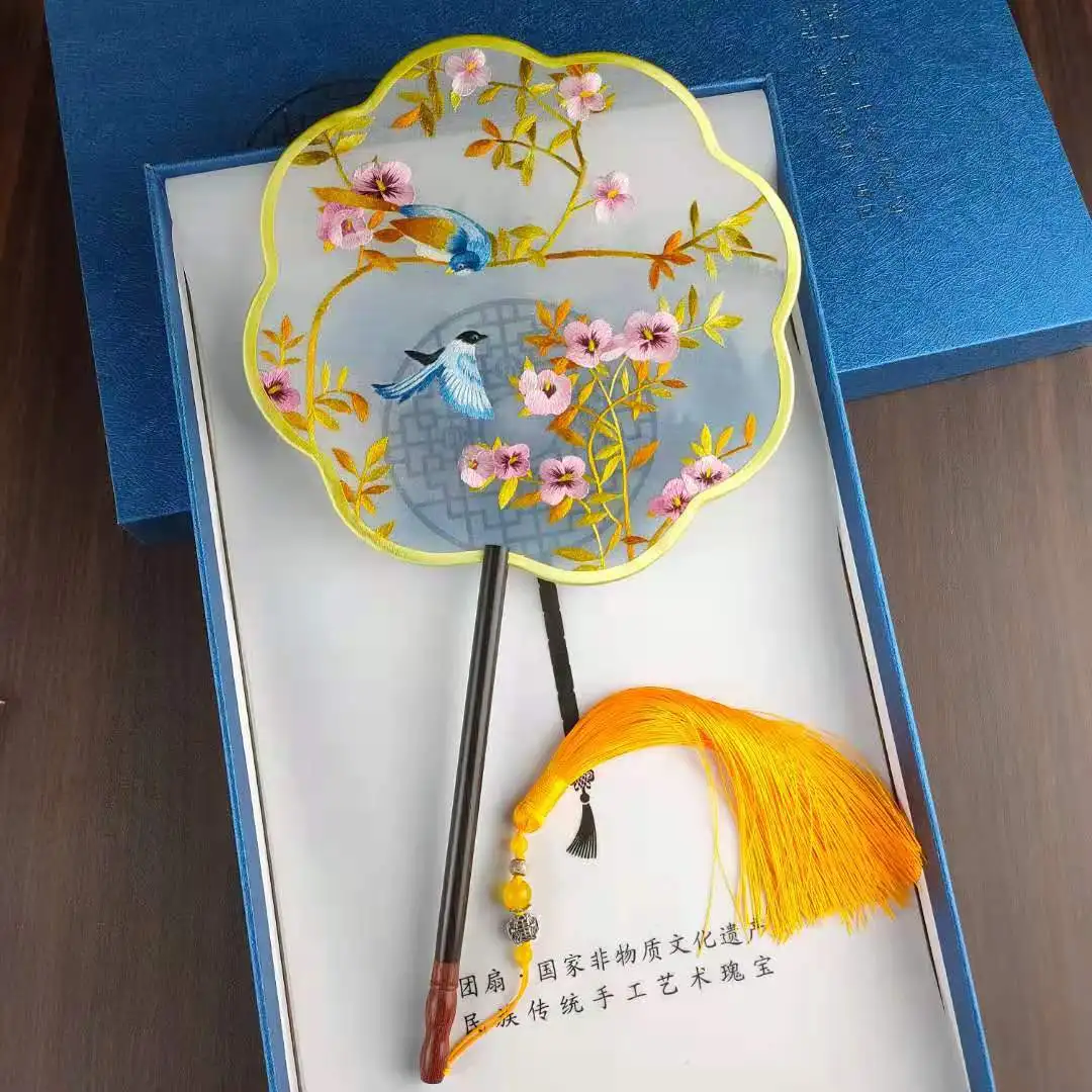 Chinese 3D Lifelike about autumn Double Side SU Embroidery Silk Hand Fan 庭院秋趣 