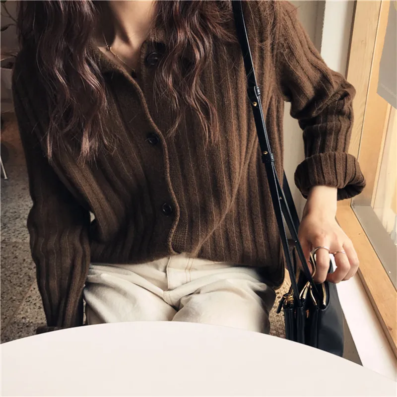 ^Cheap 2019 Spring And Autumn Lapel Knitwear Short Sweater Pure Cashmere Cardigan Women's Loose-Fit Knit Low Waist Jersey Versatile Coa