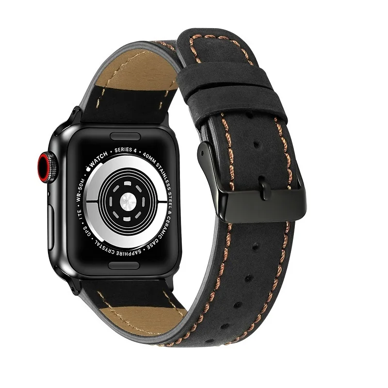 black Браслет, совместимый с Apple Watch, ремешок correa 42 мм, 44 мм, кожаный ремешок для iwatch 5, ремешок с металлической пряжкой из нержавеющей стали - Цвет ремешка: black
