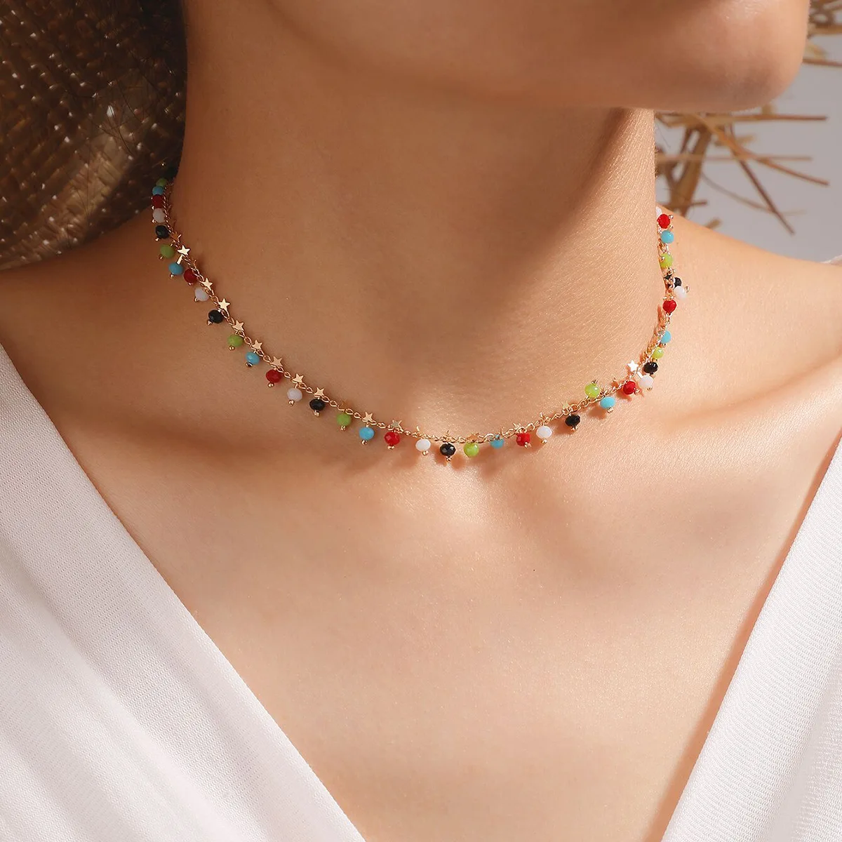 Simple Colorful Rice Bead Tassel Pendant Necklace Bohemian Short Chain Collar Five Pointed Star Choker Necklace For Womens Girls