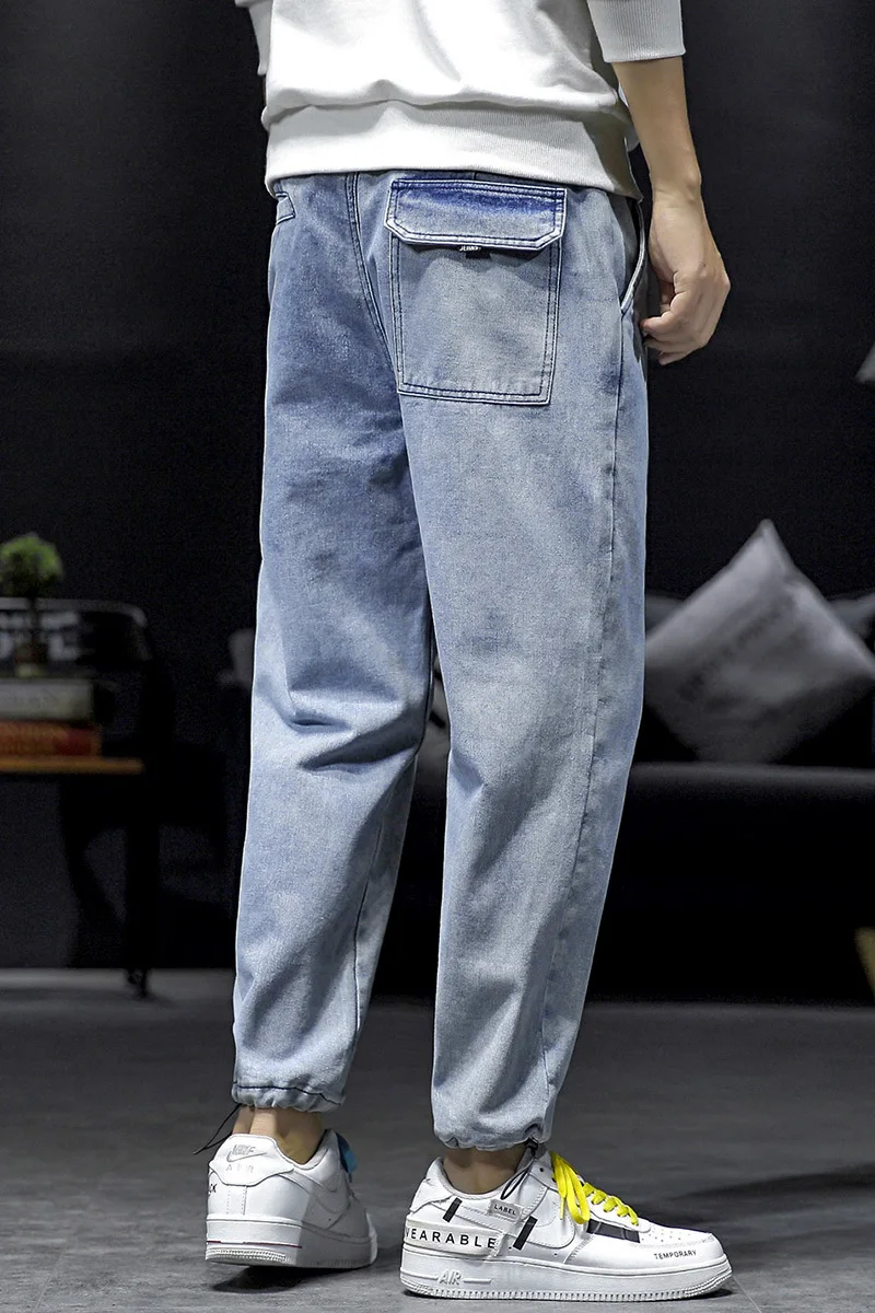 Men's jeans fall/winter slim solid color all-in-one bunched leg pants jeans loose casual fashion youth men's wear
