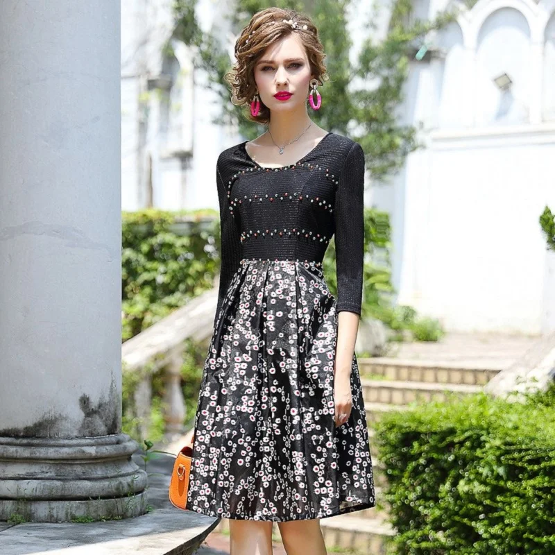 

High street ladies dresses A-Line 2019 new spring Women Office eleganc Nail bead dress Plus Size xxl Clothing autumn party Dress