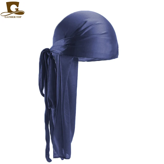 Men's Silky Durags Bandanas Turban hat Wigs Doo Men Satin Durag Biker Headwear Headband Hair Accessories Extra Long Tail Du-Rag Adult navy