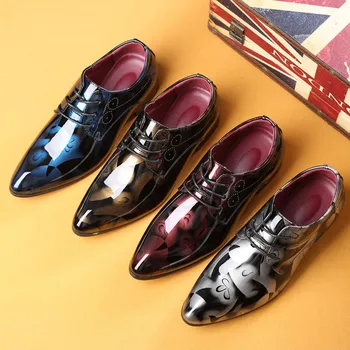 

Men's Fashion Pointed Toe Bright Lace Up Leather Wedding Shoes Business Shoes Classic Leather Suits Shoes Slip On Dress Office