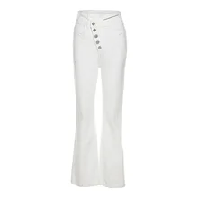 

2022 Fashion High Waist Denim Pants For Women Casual Ladies Pockets Jeans Spring Long White Denim Trouser Mujer Plus Irregular