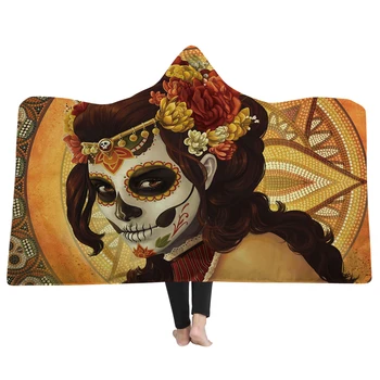 

Halloween Creepy 3D Printed Skull Wearable Hooded Blanket For Adults Coral Fleece Warm Fleece winter Hoodie Throw Blankets