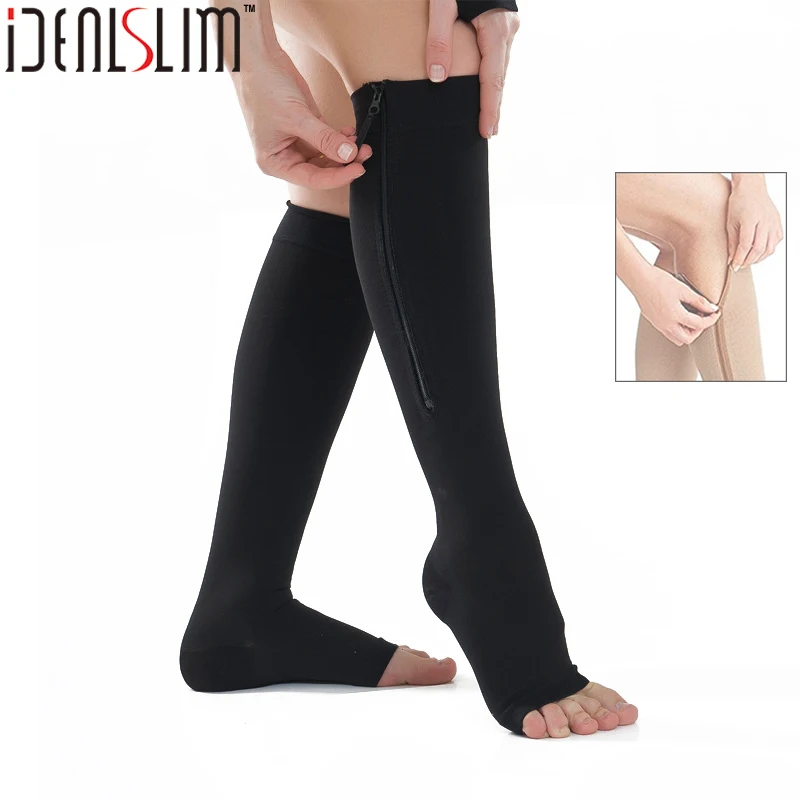 

IDEALSLIM Compression Zipper Socks Open Toe Knee High Women Men Compression Stockings for Varicose Veins