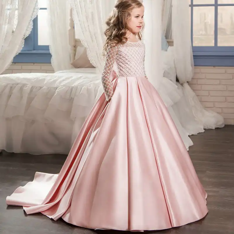 Wedding Bridesmaid Dresses for Kids Elegant White Tulle Trailing Long Dress Girls First