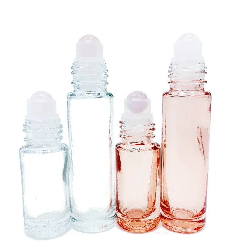 10pcs Rose Quartz Roller Bottle 5ml 10ml Pink Glass Essential Oil Bottle Refillable Travel Bottles Natural Gemstone Pink Crystal