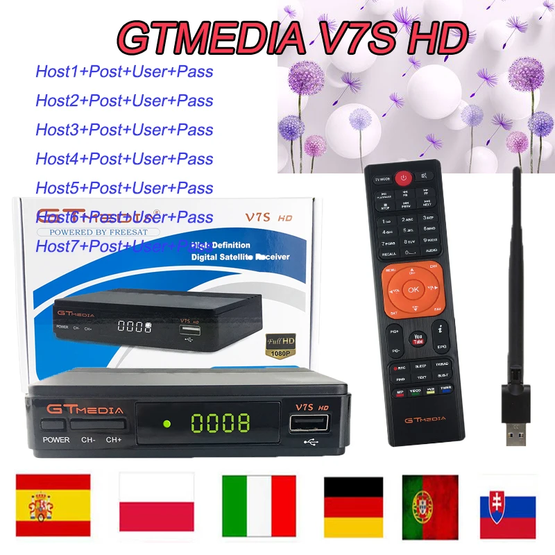 

Smart TV Satellite Receiver GTMEDIA V7S HD satellite finder 1080P DVB-S2 H.264 1year Spain Europe cccam YouTube Network Sharing