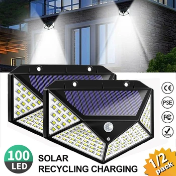 

New 100 Led 4 sides Solar Lamp With PIR Motion Sensor 3 mode Led Security Light With 270 degree Solar Light for Outdoor garden