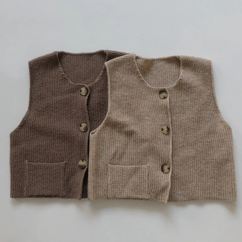 New Spring Baby Boys Knitted Vests Retro Sleeveless Cardigan Coats Korean Style Solid Color Toddlers Kids Waistcoats