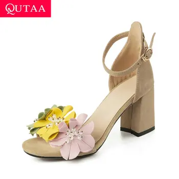 

QUTAA 2020 Flowers Buckle Elegant Summer Ladies Pumps Quality Sheepskin Women Shoes Fashion Square High Heel Sandals Size 34-40