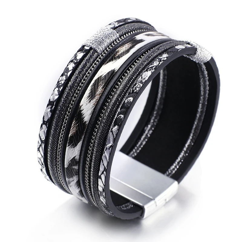 ALLYES черный леопардовый Кожаный браслет женские богемные ювелирные изделия Мода дамы широкий Бохо многослойный кожанный браслет