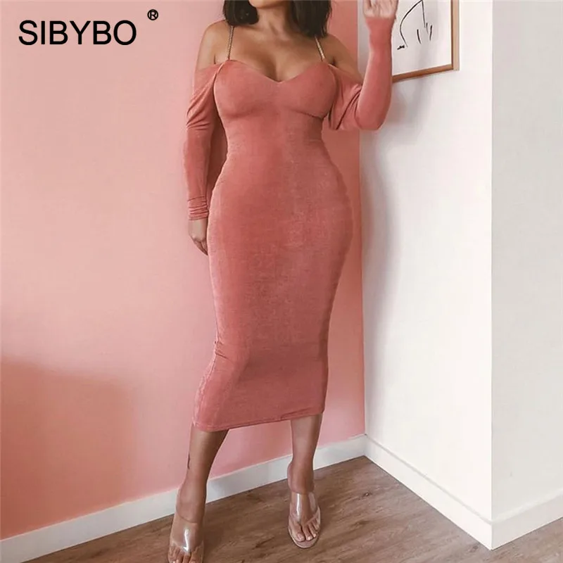 SIBYBO Metal Spaghetti Strap Winter Long Dress Women Off Shoulder Long Sleeve Sexy Bodycon Dress Autumn Backless Party Dress - Цвет: Розовый