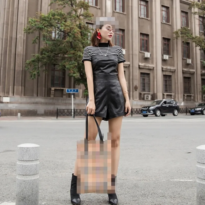 Осень-зима Slim Fit из натуральной кожи купальный костюм с шортами женский Harajuku из натуральной кожи с подкладкой из овчины с широкими штанинами комбинезоны Для женщин