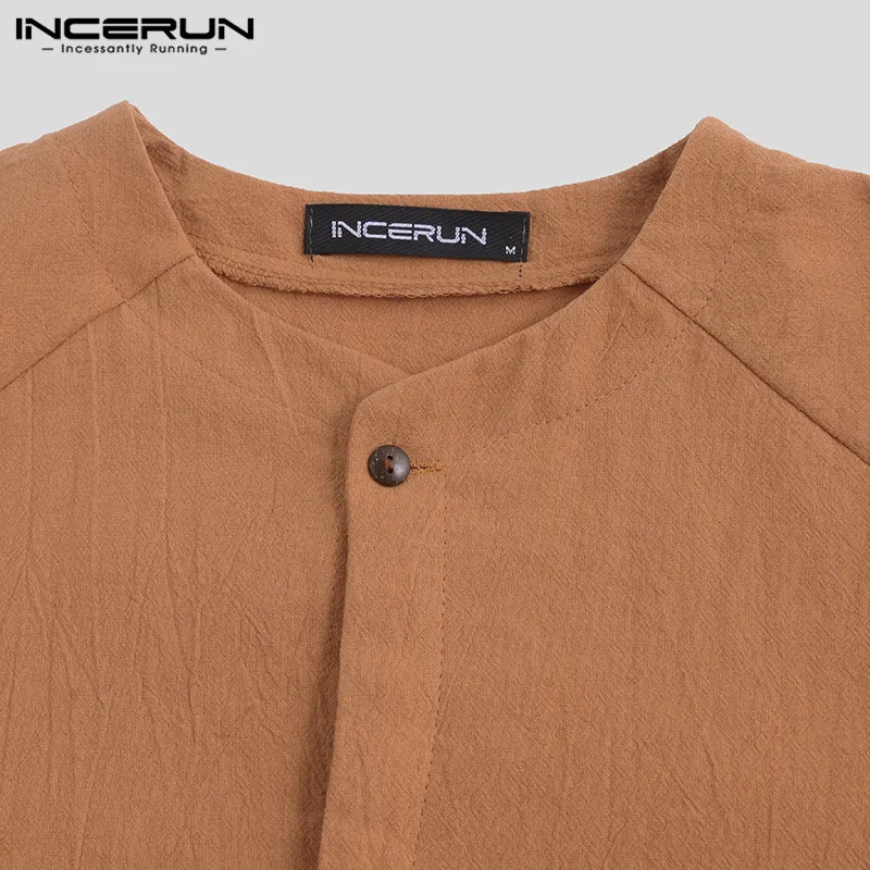INCERUN Vintage Men Shirt Long Sleeve Retro Cotton Linen Button Casual Blouse V Neck Solid Chinese Style Shirts Men Camisa